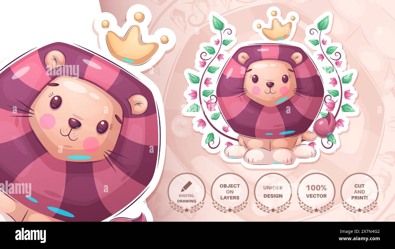 Personaggio di King Lion Cartoon. Carino Amimal. Illustrazione per bambini Illustrazione Vettoriale