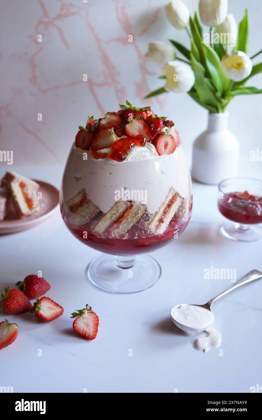 Torta di Lamington rosa e yogurt alla fragola e dessert a strati con gelatina. Foto Stock