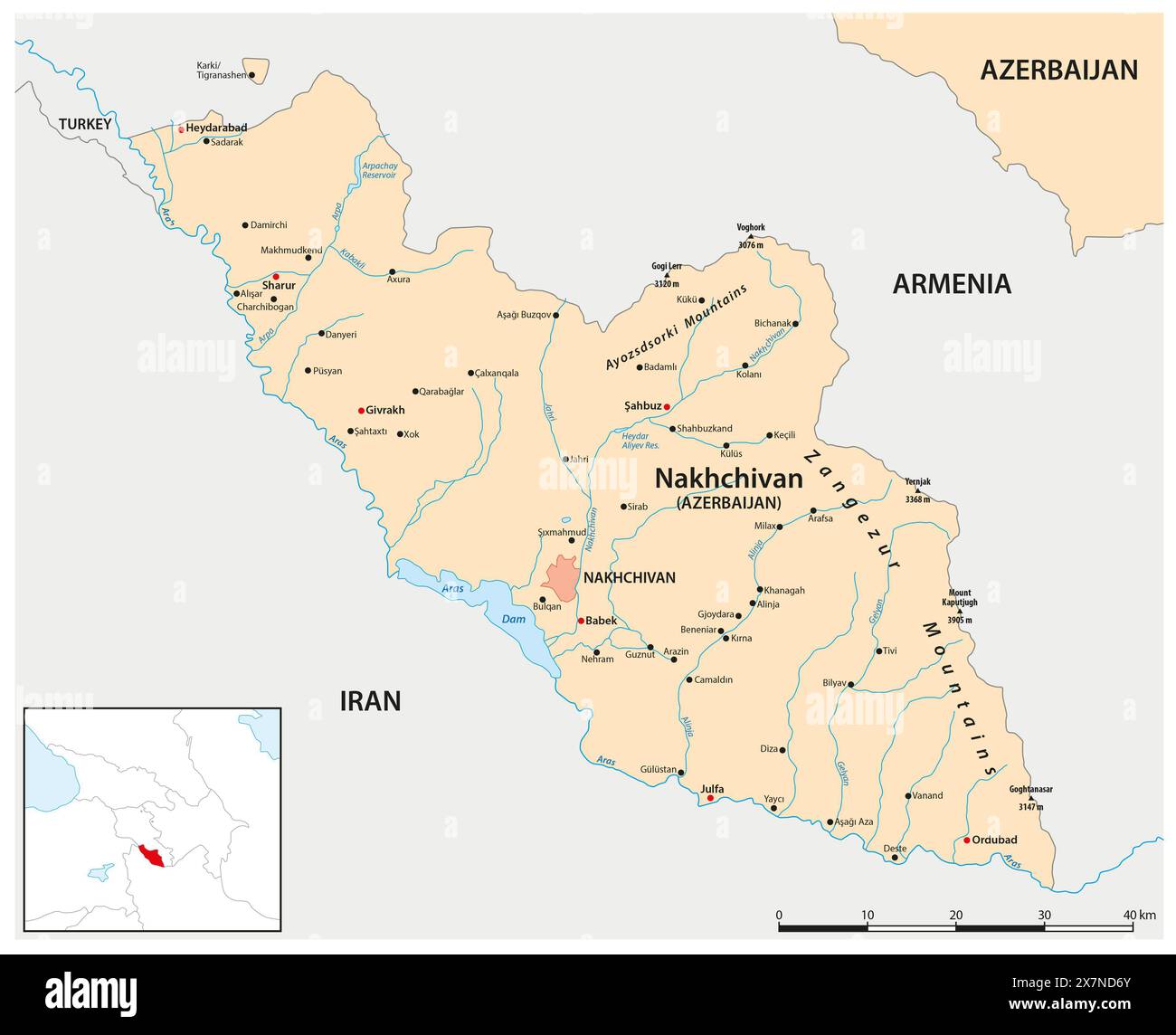 Mappa vettoriale della Repubblica Autonoma di Nakhchivan, Azerbaigian Foto Stock