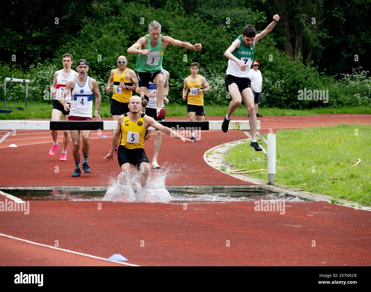 Club Athletics, gara di steeplechase maschile, Leamington Spa, Regno Unito Foto Stock