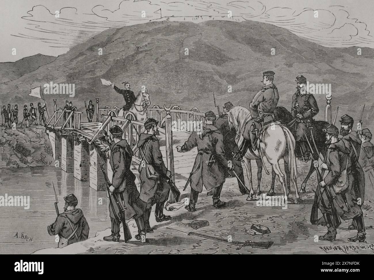 Guerra russo-turca (1877-1878). Assedio di Plevna (dal 20 luglio al 10 dicembre 1877). Combattimenti che ebbero luogo tra l'esercito congiunto di Russia e il Regno di Romania contro quello dell'Impero ottomano. Resa dell'esercito turco a Plevna. I turchi chiesero un parley inviando un ufficiale con bandiera bianca per presentare una serie di proposte al generale russo comandante delle truppe, il generale Ganetsky (1810-1877). Il generale russo Strukov riceve un negoziatore turco presso il ponte sul fiume Vid. Incisione di A. Brun. "La Guerra de Oriente" (la guerra russo-turca). Volume III. 1878. Foto Stock