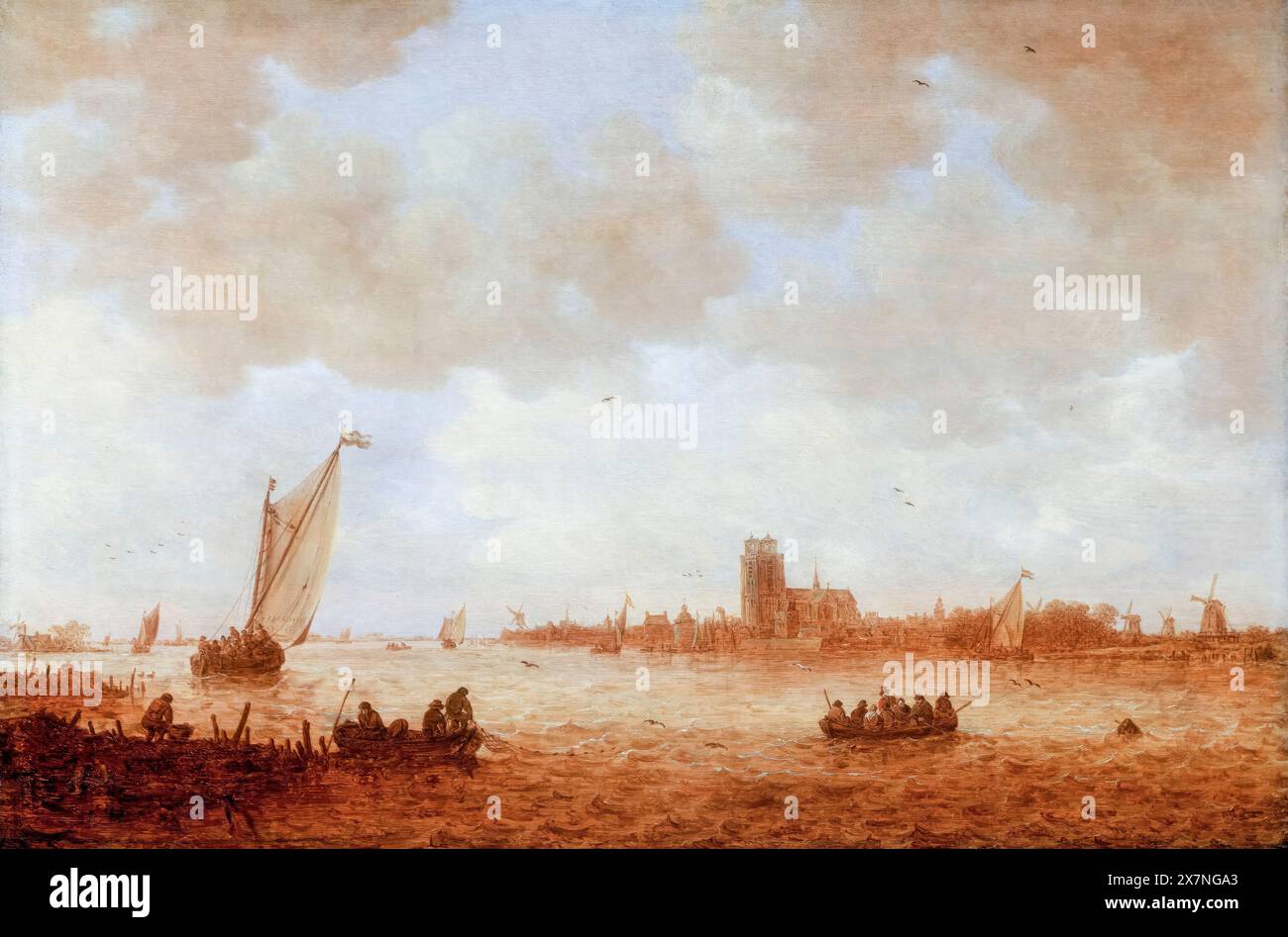 Jan van Goyen, veduta di Dordrecht con la Grote Kirk attraverso il Maas, pittura di paesaggio ad olio su legno, 1644 Foto Stock