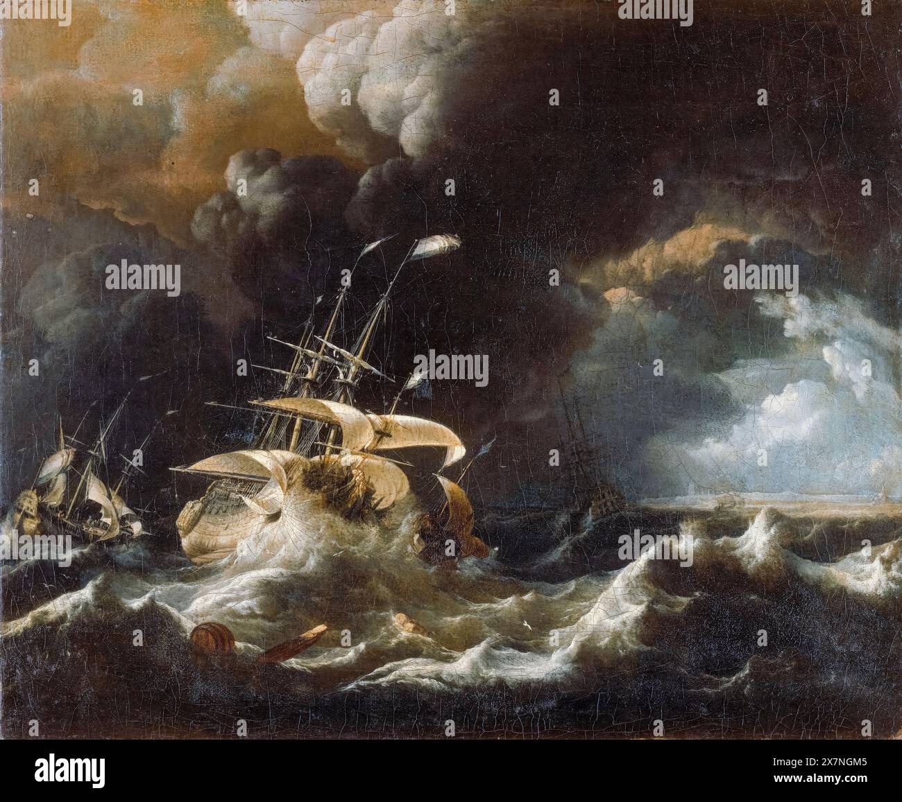 Ludolf Bakhuizen, Dutch Merchant Ships in a Storm, painting in oil on Canvas, 1670-1699 Foto Stock