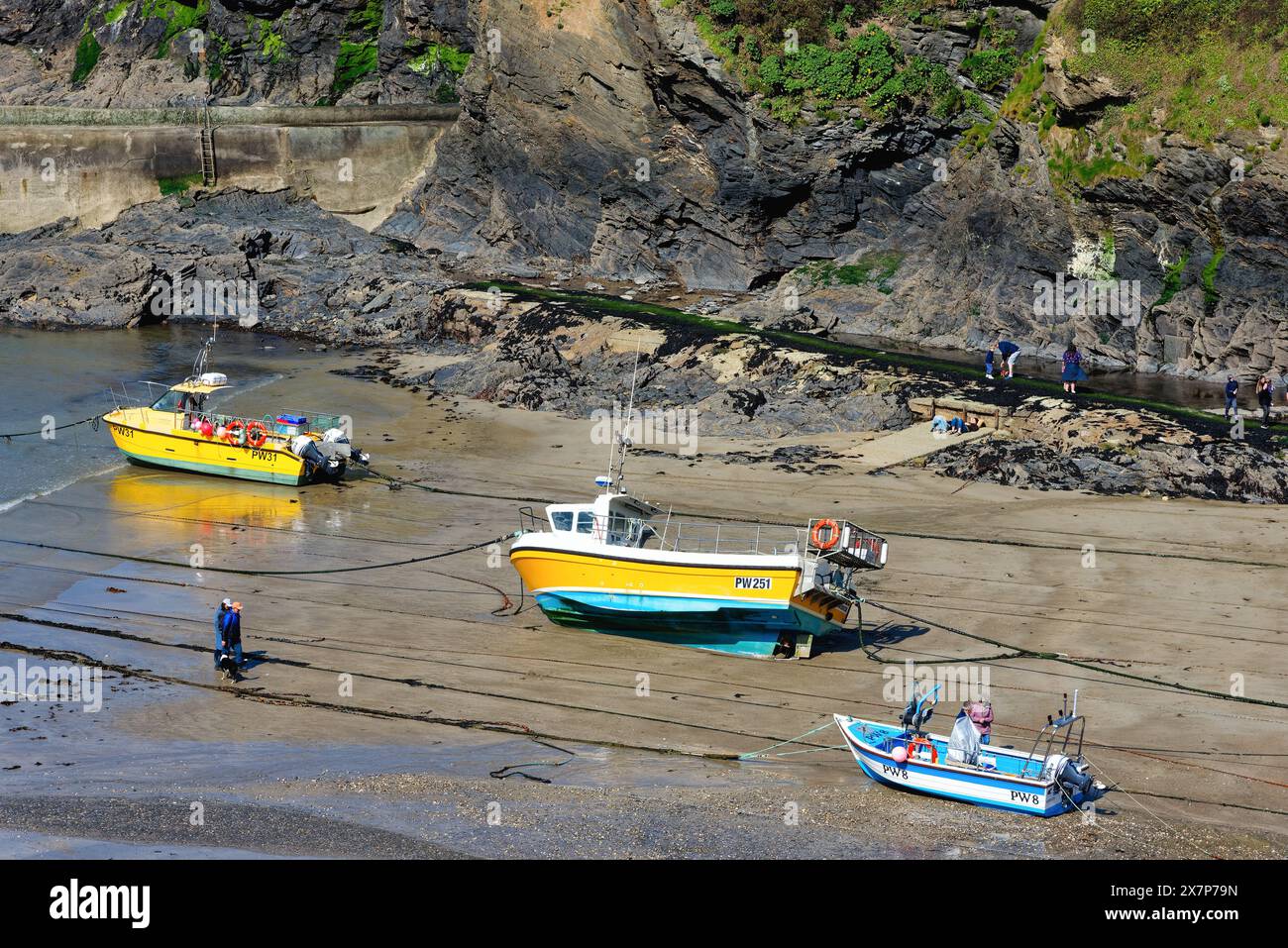Il villaggio di pescatori della Cornovaglia di Port Isaac in una soleggiata giornata primaverile Nord Cornovaglia Inghilterra Regno Unito Foto Stock