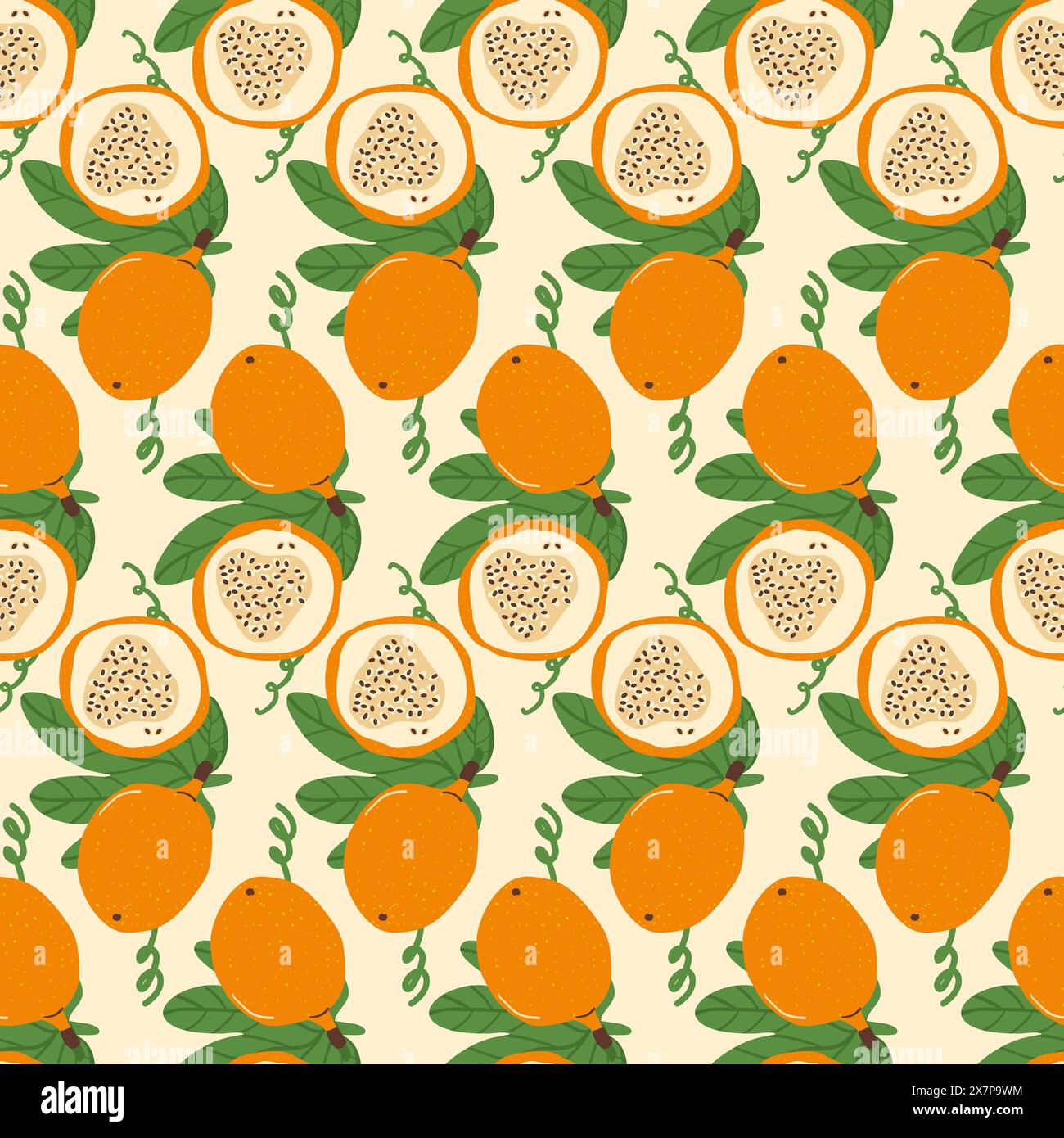 Motivo senza cuciture con grappoli gialli di frutta della passione con foglie. Granadilla a metà e frutti interi senza cuciture. Esotica grenadia loop orn Illustrazione Vettoriale