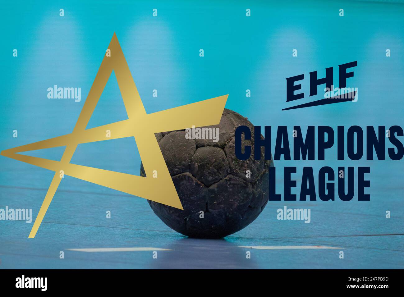 Immagine simbolo EHF Champions League (pallamano): Logo e primo piano di un pallamano Foto Stock