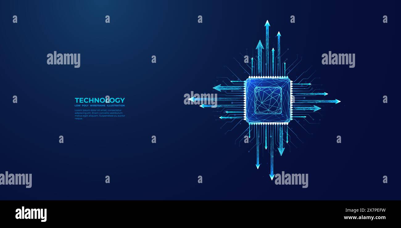 CPU azzurra su tecnologia sfondo scuro. Illustrazione Vettoriale