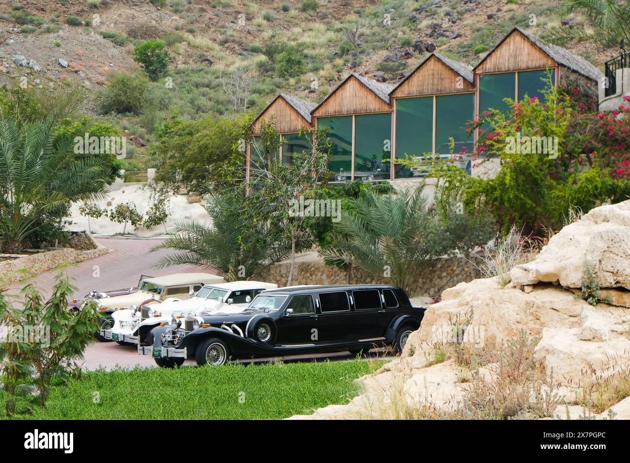 Dibba, Fujairah, Emirati Arabi Uniti, 9 aprile 2024. Fila di auto d'epoca classiche da collezione nell'al Aqah Heritage Village e nel retro Car Museum Foto Stock