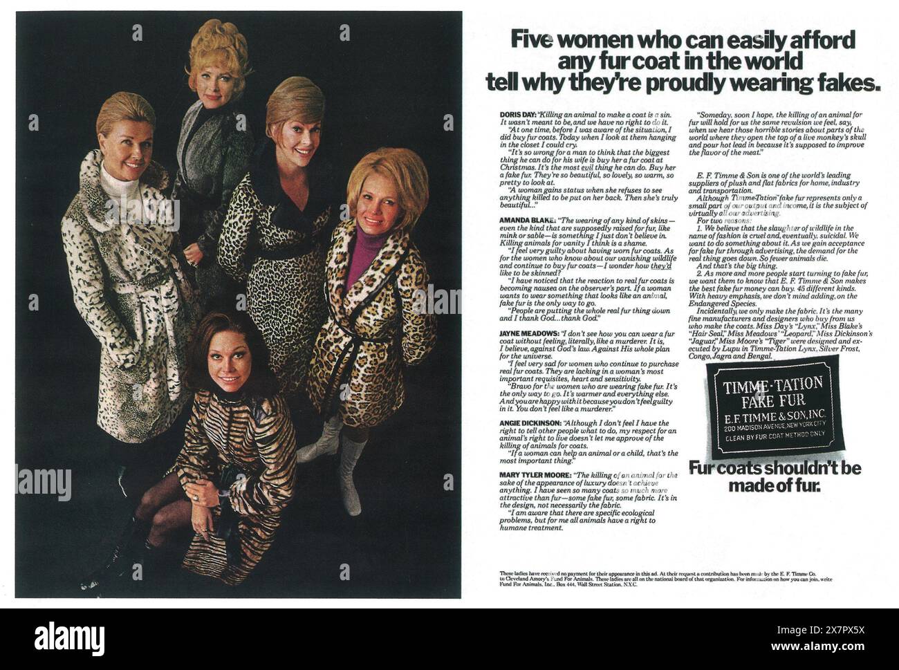 1971 Timme-tation fake Furs ad - con Doris Day, Amanda Blake, Angie Dickinson, Jane Meadows e Mary Tyler Moore Foto Stock