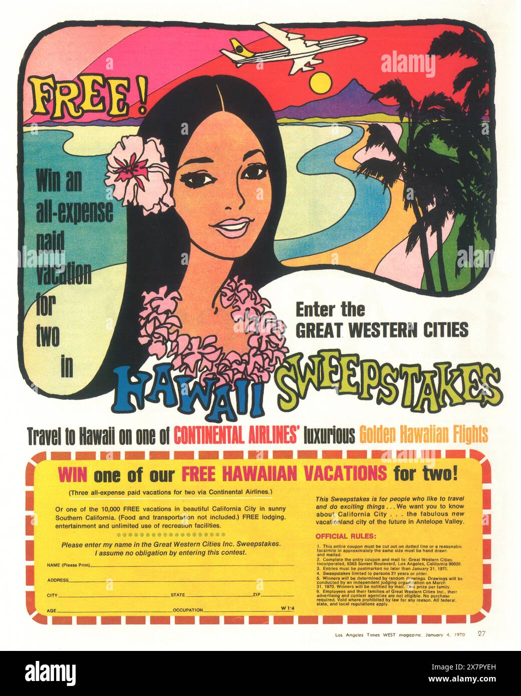 Concorso a premi Hawaii di Great Western Cities 1970 - annuncio voli Golden Hawaiian di Continental Airlines Foto Stock