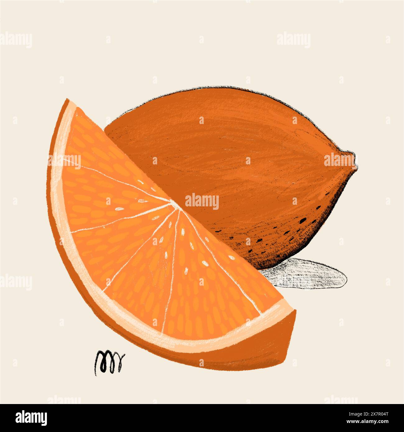 Una fetta di arancio illustrata si trova accanto alla sua buccia testurizzata, che mostra vivaci sfumature arancioni e una resa artistica dettagliata su un dorso neutro Foto Stock