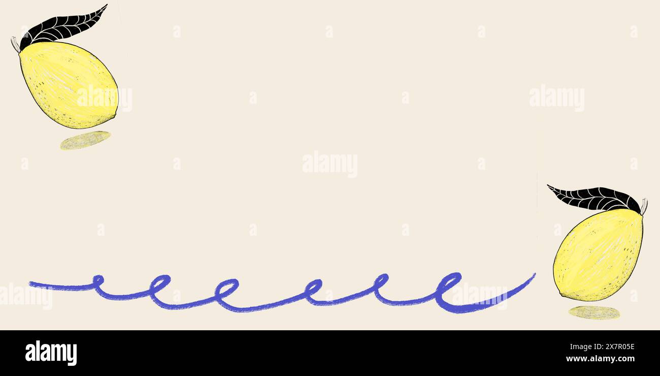 Illustrazione con due limoni con foglie dettagliate e stravaganti scarabocchi blu su un morbido sfondo neutro. Foto Stock