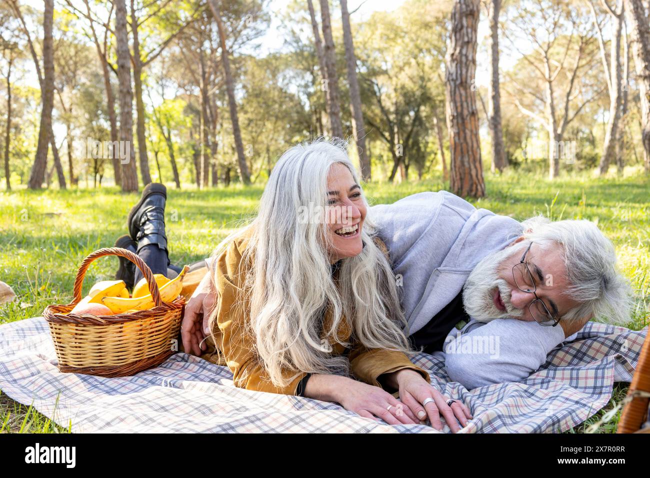 Una felice coppia di anziani condivide una risata mentre si sdraia su una coperta da picnic in un parco soleggiato, circondato da alberi alti Foto Stock