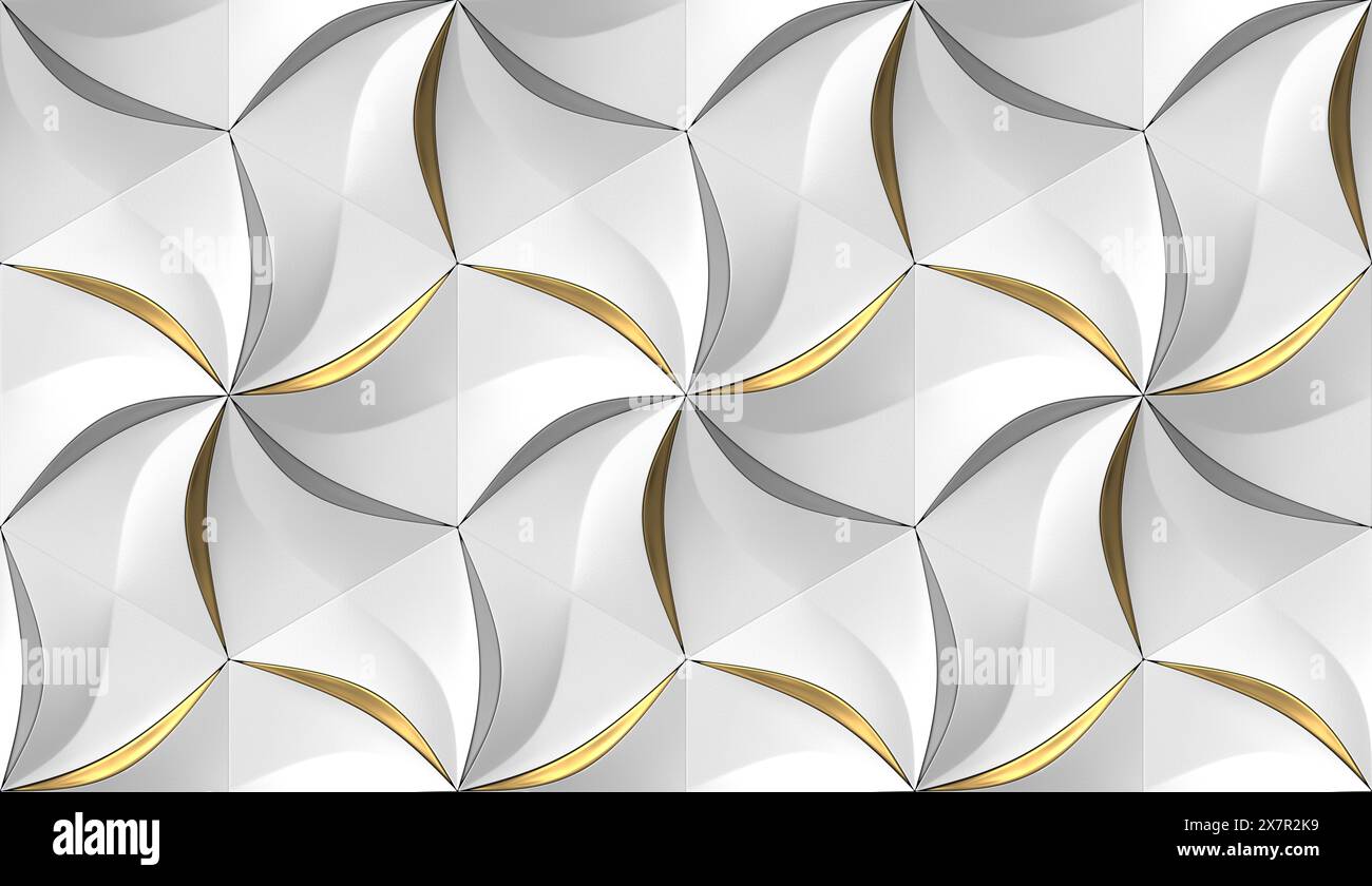Questa immagine presenta un motivo astratto e decorativo di esagoni grigi stilizzati disposti a formare moduli convessi simili a fiori, con accenti dorati Foto Stock