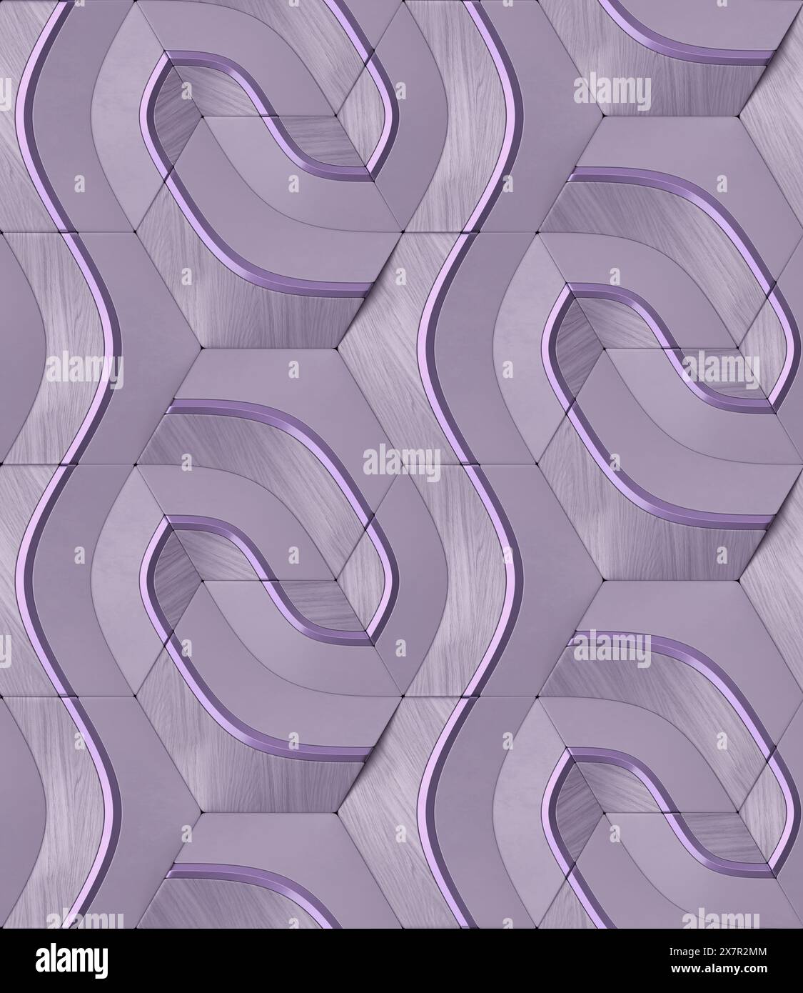 Un'illustrazione 3D astratta di un motivo geometrico senza cuciture con forme viola intrecciate su uno sfondo testurizzato. Foto Stock