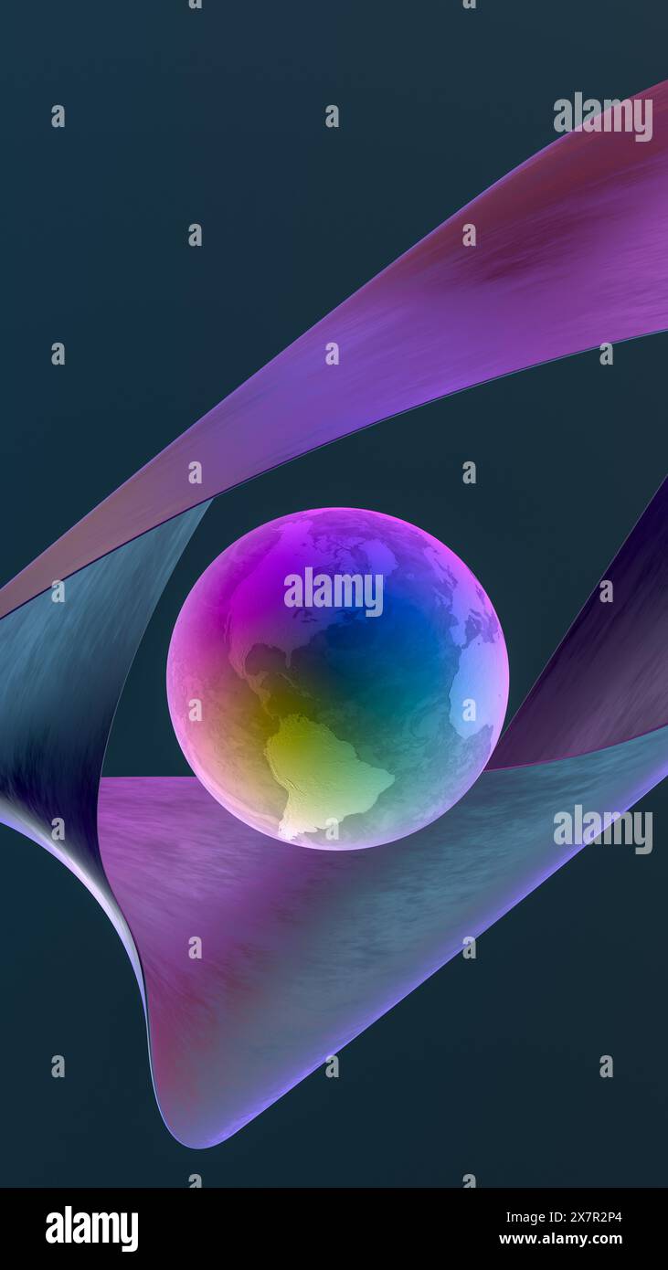 Un design astratto che raffigura GeoModule Earth avvolto da forme fluide con colori vivaci su sfondo scuro. Foto Stock