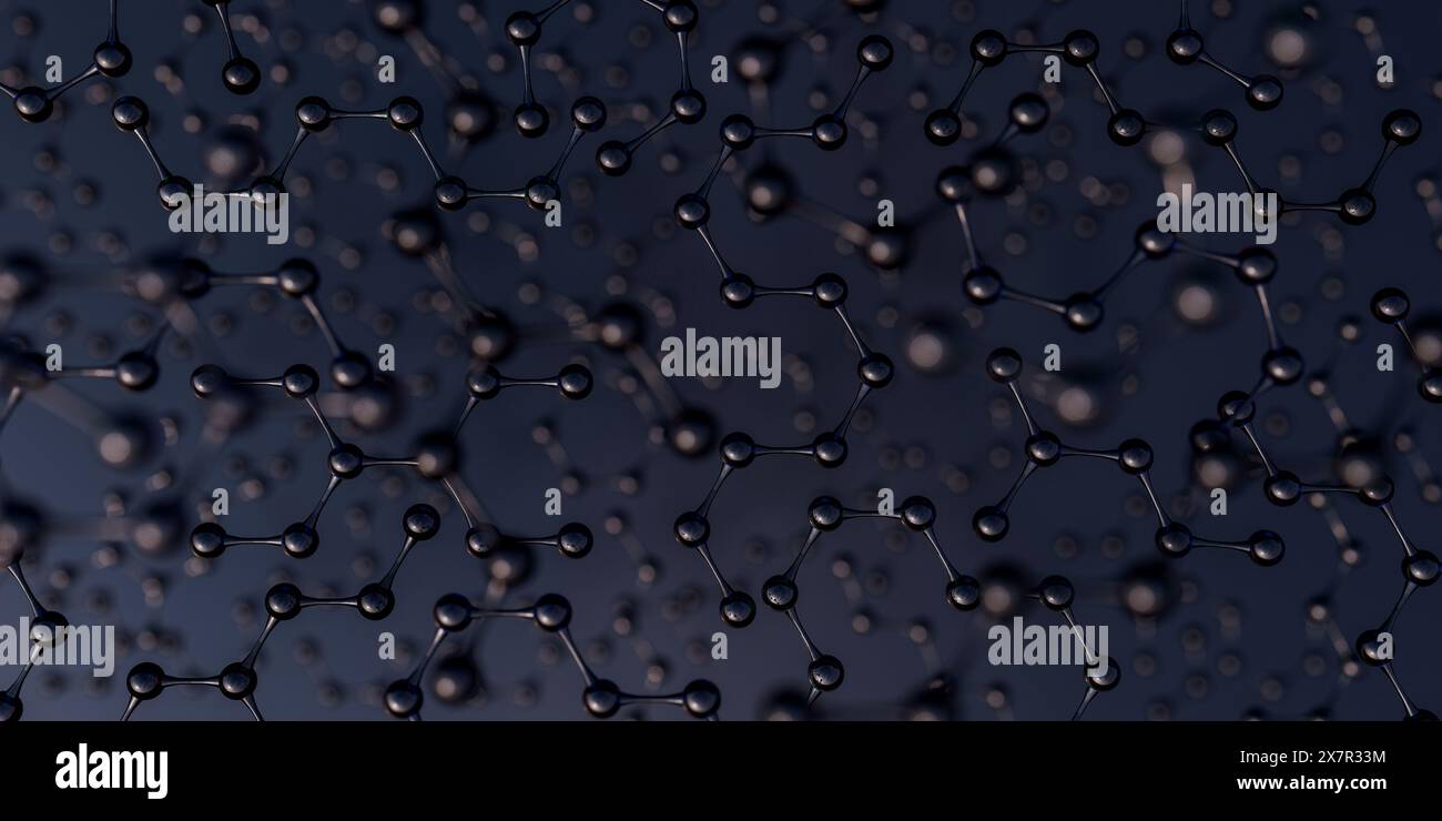 Sfondo struttura molecola di carbonio nero. Illustrazione 3D del concetto astratto di cellule e catene biologiche Foto Stock