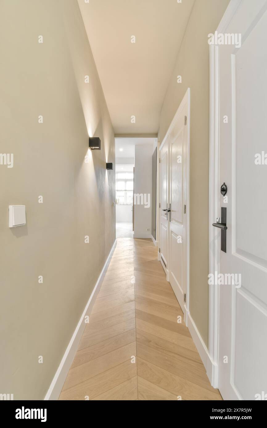 Un corridoio moderno e ben illuminato con pavimenti in legno, porte bianche e pareti neutre, perfetto per mostrare interni dal design contemporaneo Foto Stock