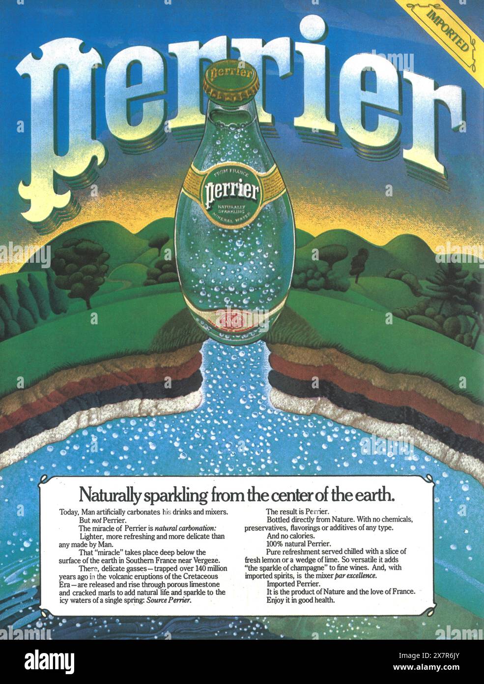 1979 annuncio di acqua frizzante Perrier - "scintillante dal centro della Terra" Foto Stock