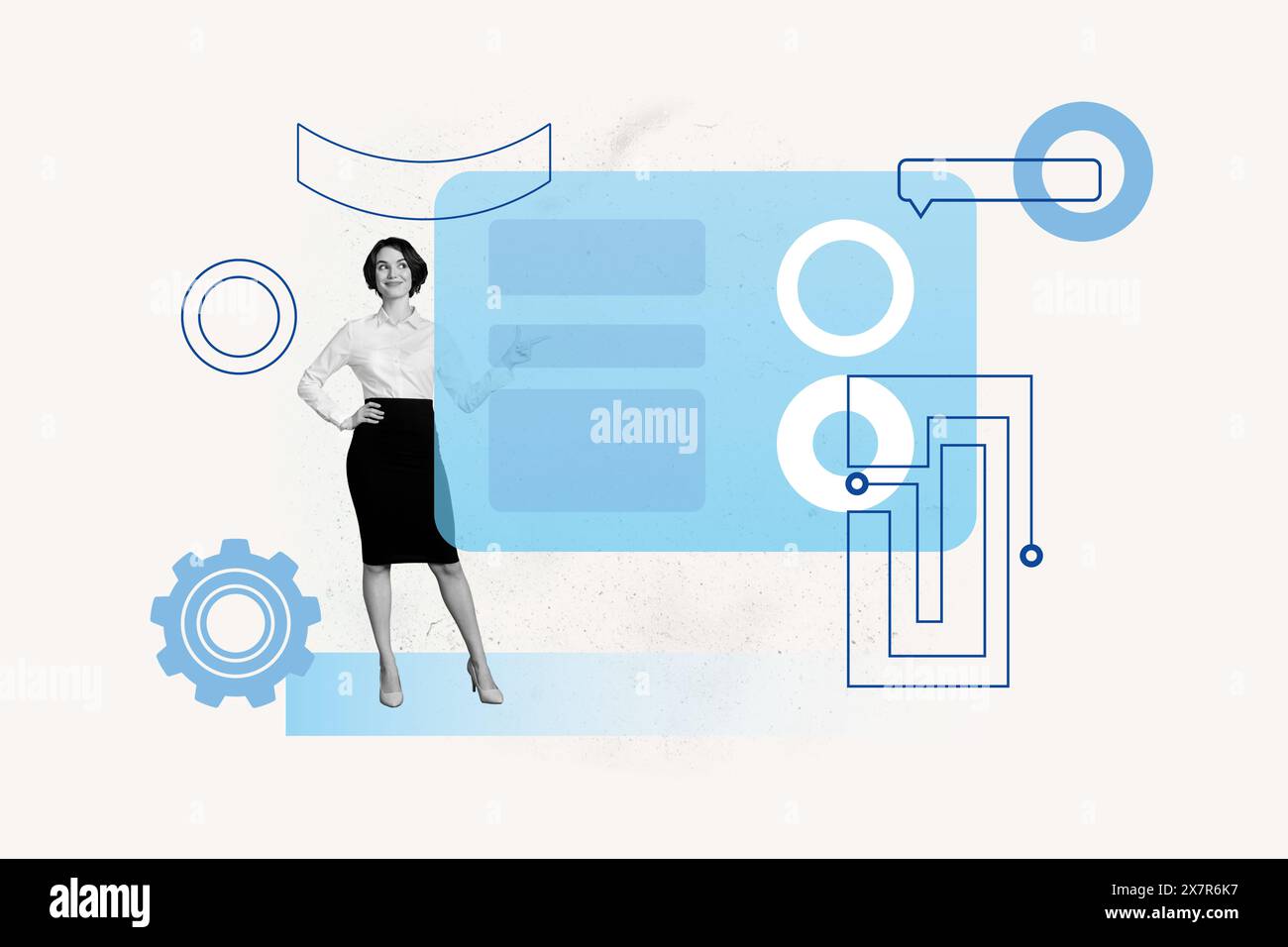 Grafica composita collage di interfaccia di colore blu diagramma statistiche pagina Web project manager giovane signora dito dito dito gesto mostra il risultato Foto Stock