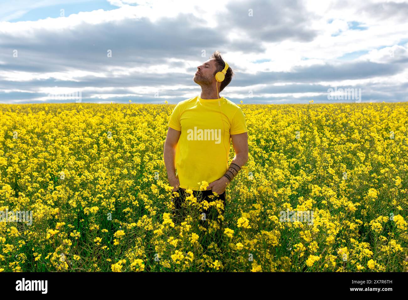 Un uomo si trova in un campo di colza giallo vivo, perso nel pensiero mentre ascolta la musica attraverso le cuffie gialle, a simboleggiare il relax e la natura Foto Stock