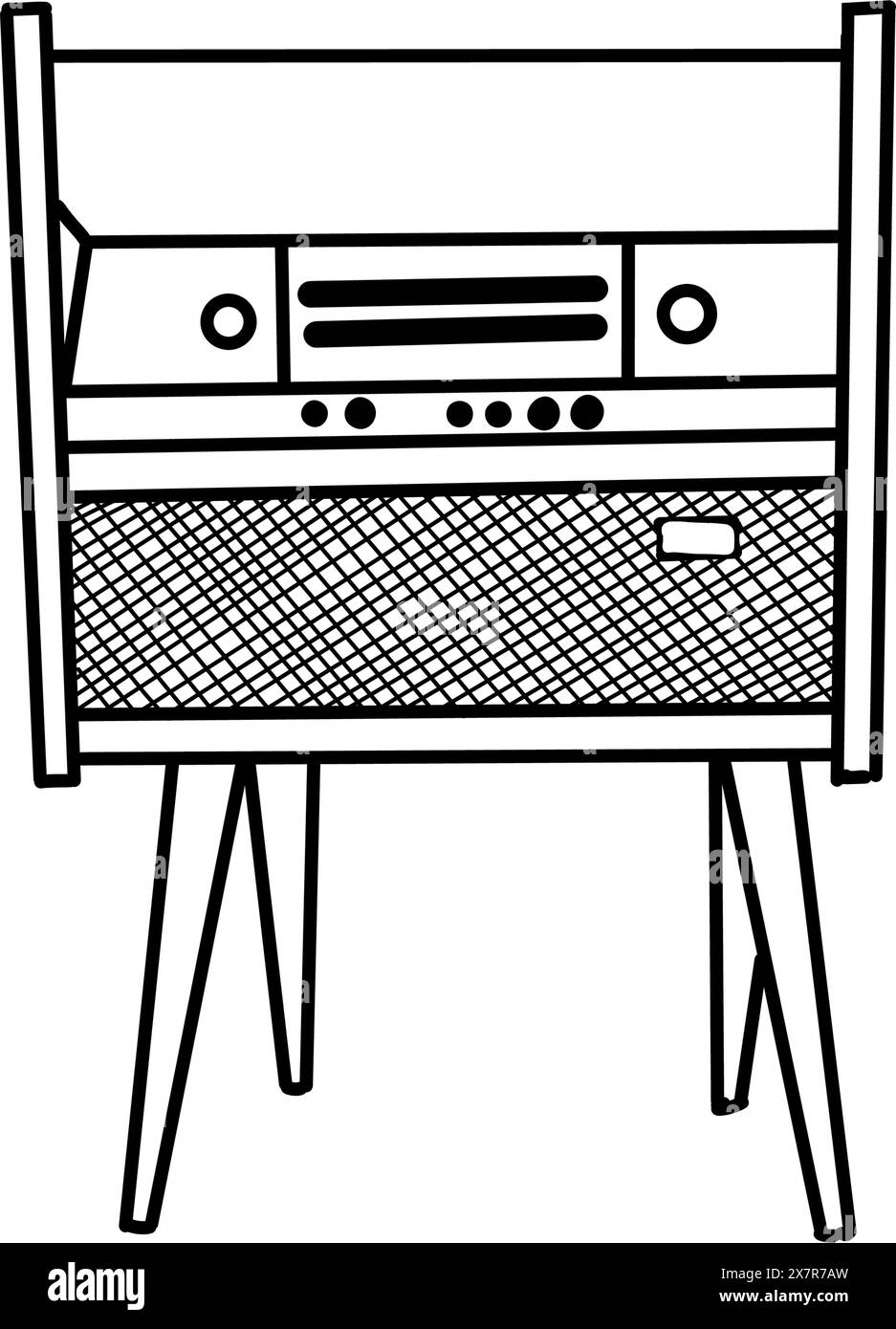 Dispositivi e apparecchiature per la riproduzione di musica da cassette e dischi in vinile. Radiola sulle gambe. Lettore musicale vintage. Illustrazione vettoriale, disegnata a mano Illustrazione Vettoriale