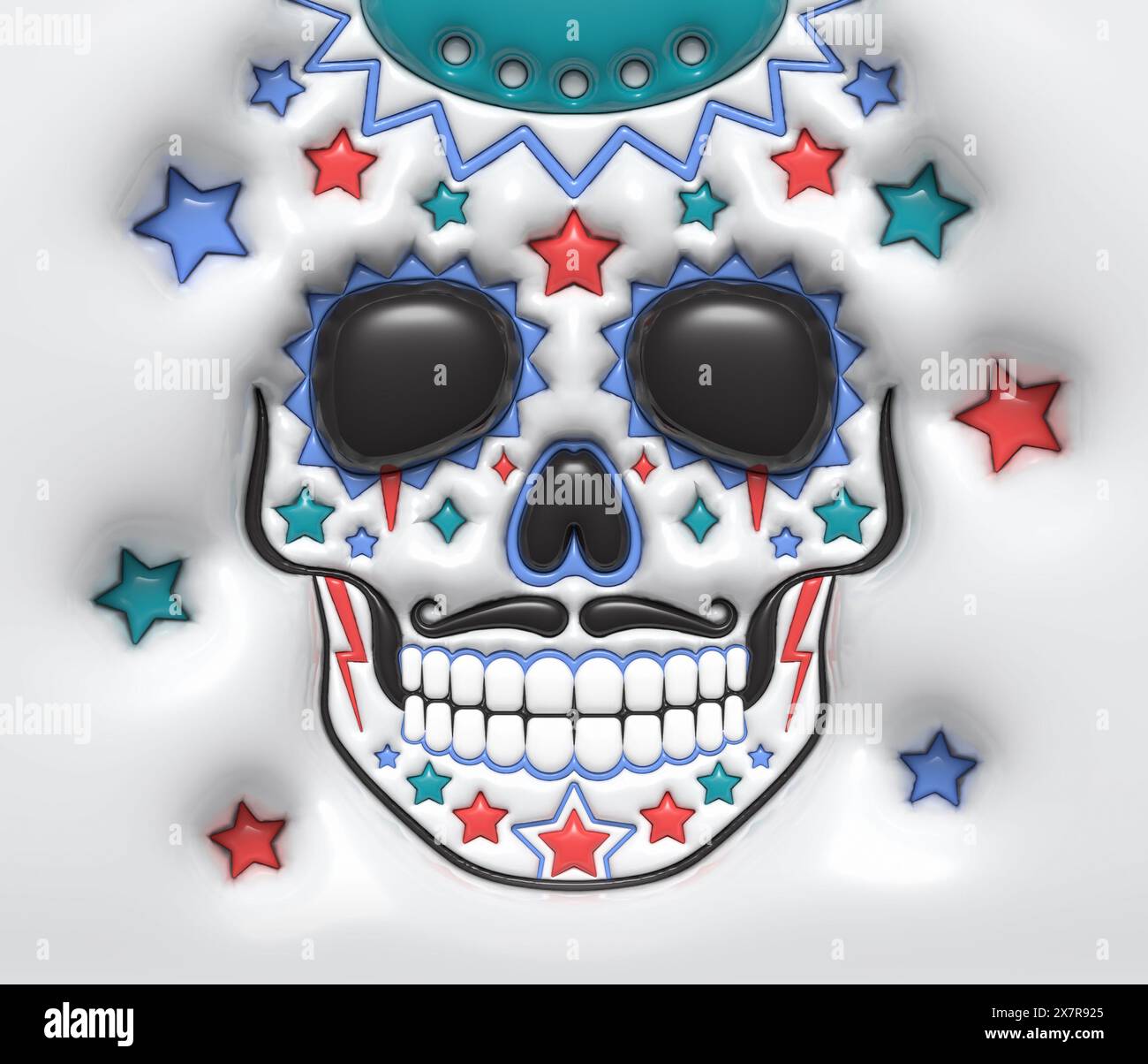 Halloween divertente teschio di zucchero con le stelle. Illustrazione gonfiata in 3d Puffy. Foto Stock