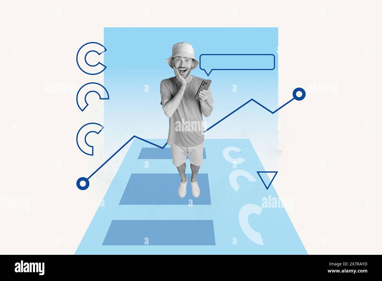 Grafica composita collage di interfaccia di colore blu diagramma statistiche pagina web project manager giovane uomo scioccato tenere il telefono cellulare ricevere sms Foto Stock
