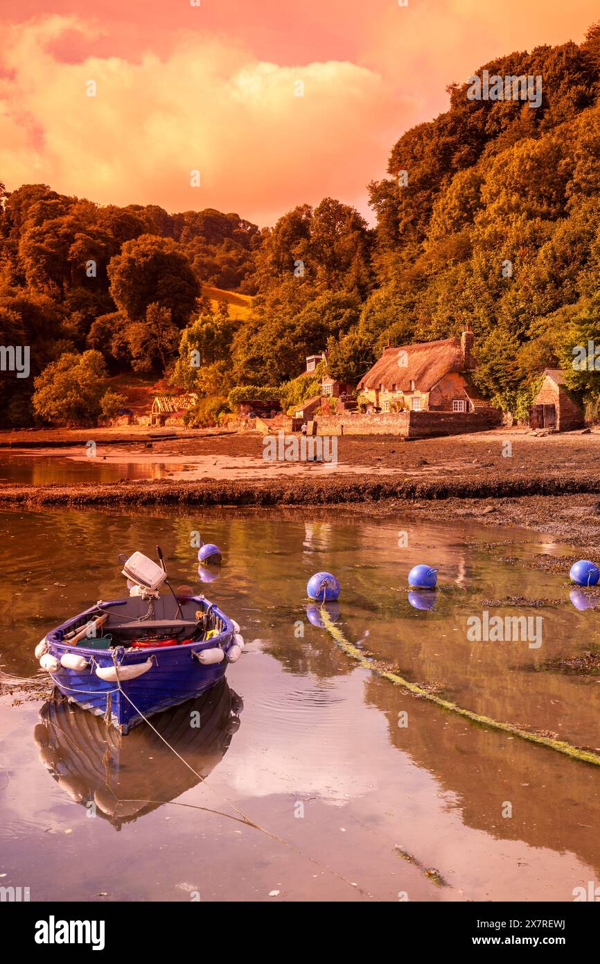 Inghilterra, Devon, Dittisham, il fiume Dart con cottage di paglia all'alba Foto Stock