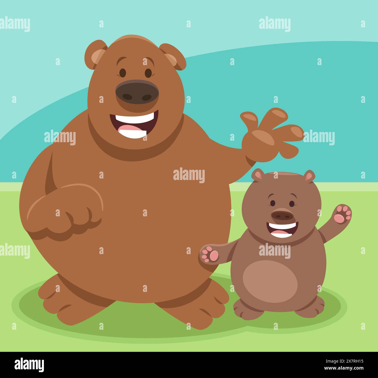 Illustrazione a cartoni animati del simpatico personaggio dell'orso bruno con l'orso del bambino Illustrazione Vettoriale