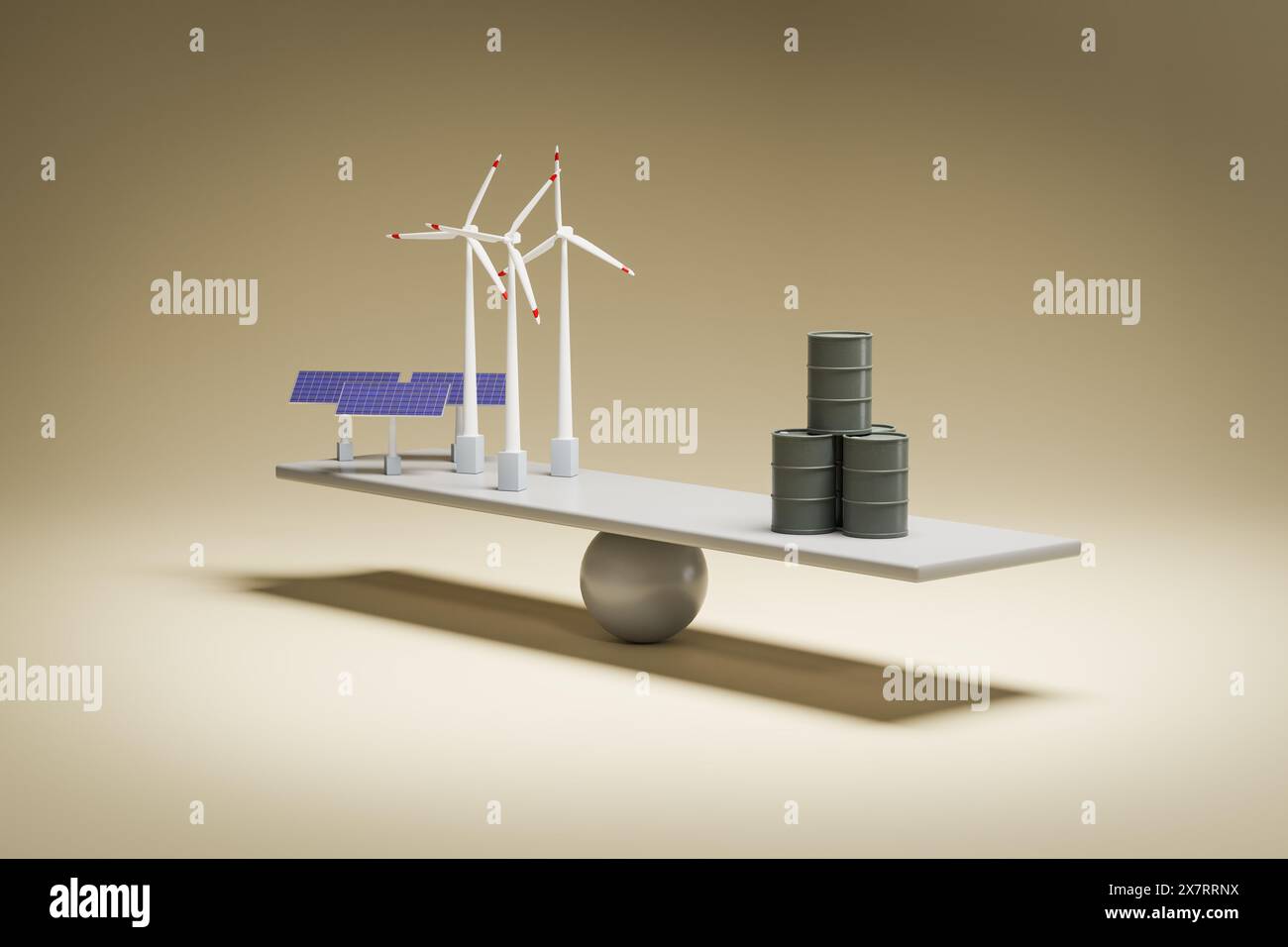 Energia rinnovabile rispetto al concetto di energia basata su fossili. Pannelli solari e mulini a vento in equilibrio rispetto ai tamburi oleosi. Sfondo senza interruzioni Foto Stock