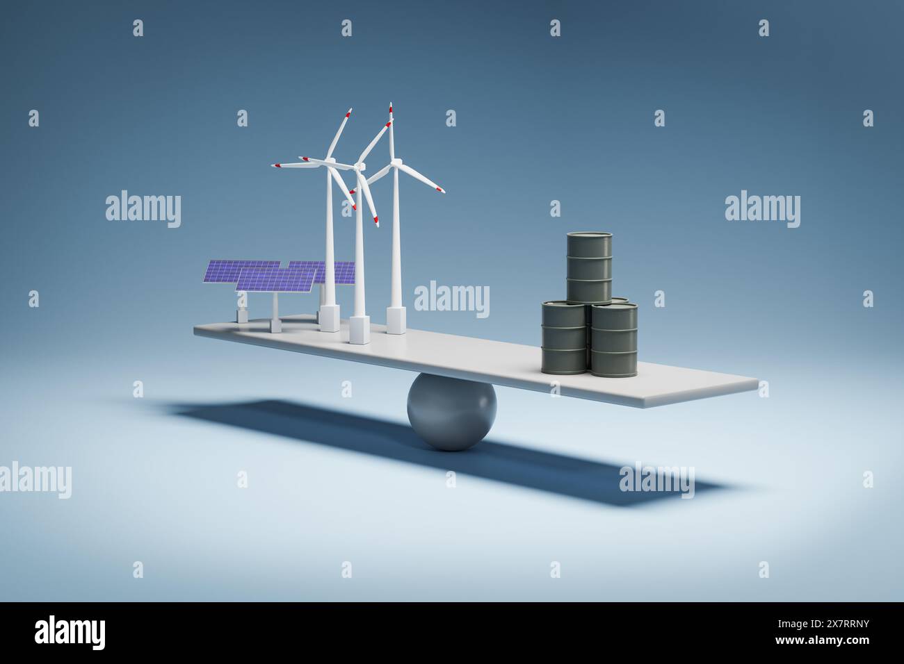 Energia rinnovabile rispetto al concetto di energia basata su fossili. Pannelli solari e mulini a vento in equilibrio rispetto ai tamburi oleosi. Sfondo senza interruzioni Foto Stock