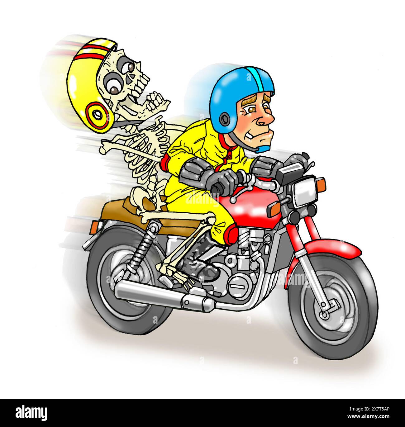 Uomo d'arte con lo scheletro fantasma che cavalca la sua sella in moto, illustrando la storia del fantasma del Queensway Tunnel, Liverpool, il mito urbano, la storia dei fantasmi urbani Foto Stock