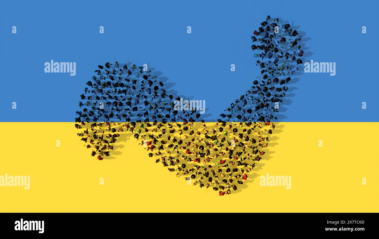 Concetto o comunità concettuale di persone che formano l'immagine di un braccio forte sulla bandiera Ucraina. Una metafora di illustrazione 3D per resistenza, potenza Foto Stock