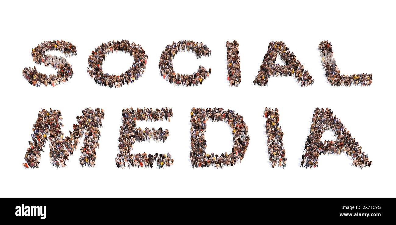 Concetto concettuale grande comunità di persone che formano LA parola DEI SOCIAL MEDIA. 3d metafora illustrativa per la comunicazione e la connessione, il networking e la tecnologia Foto Stock