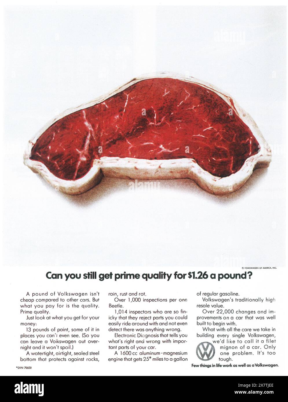 1973 VW Beetle Volkswagen Bug Ad- "puoi ancora ottenere qualità di prima qualità per $ 1,26 a sterlina?" Foto Stock