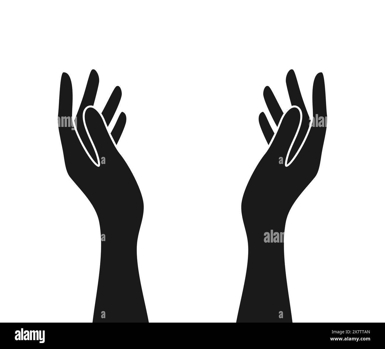 Sagome nere di due mani alzate con palmi rivolti l'uno verso l'altro, isolate su sfondo bianco Illustrazione Vettoriale