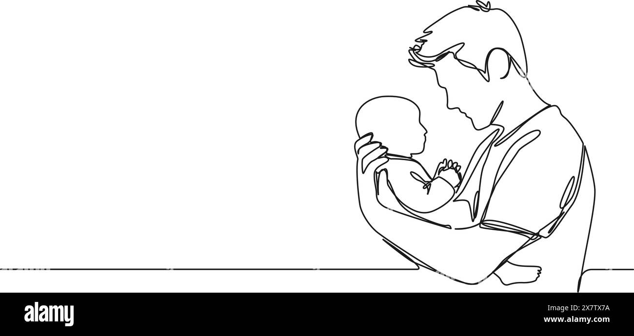 disegno continuo su linea singola del padre che tiene in braccio il neonato, illustrazione vettoriale line art Illustrazione Vettoriale