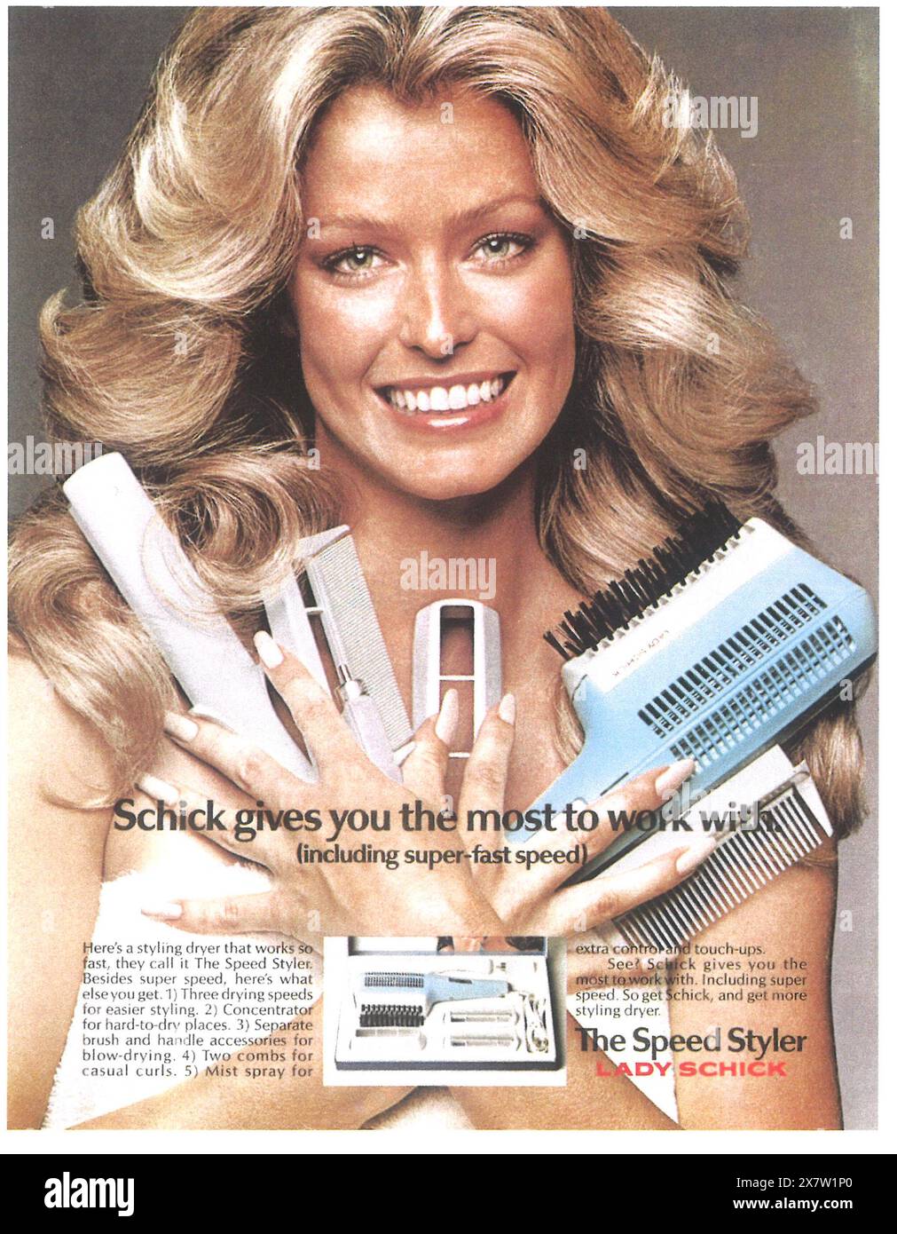 1973 pubblicità Lady Schick Hair Stylers con Farrah Fawcett Foto Stock
