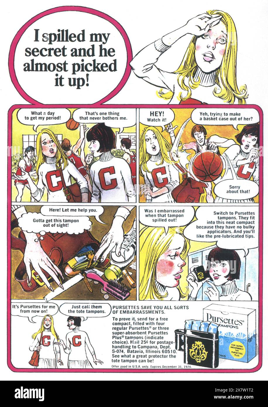 1974 Pursettes Tampon Comic Strip ad con una striscia a fumetti di Mort Drucker Foto Stock