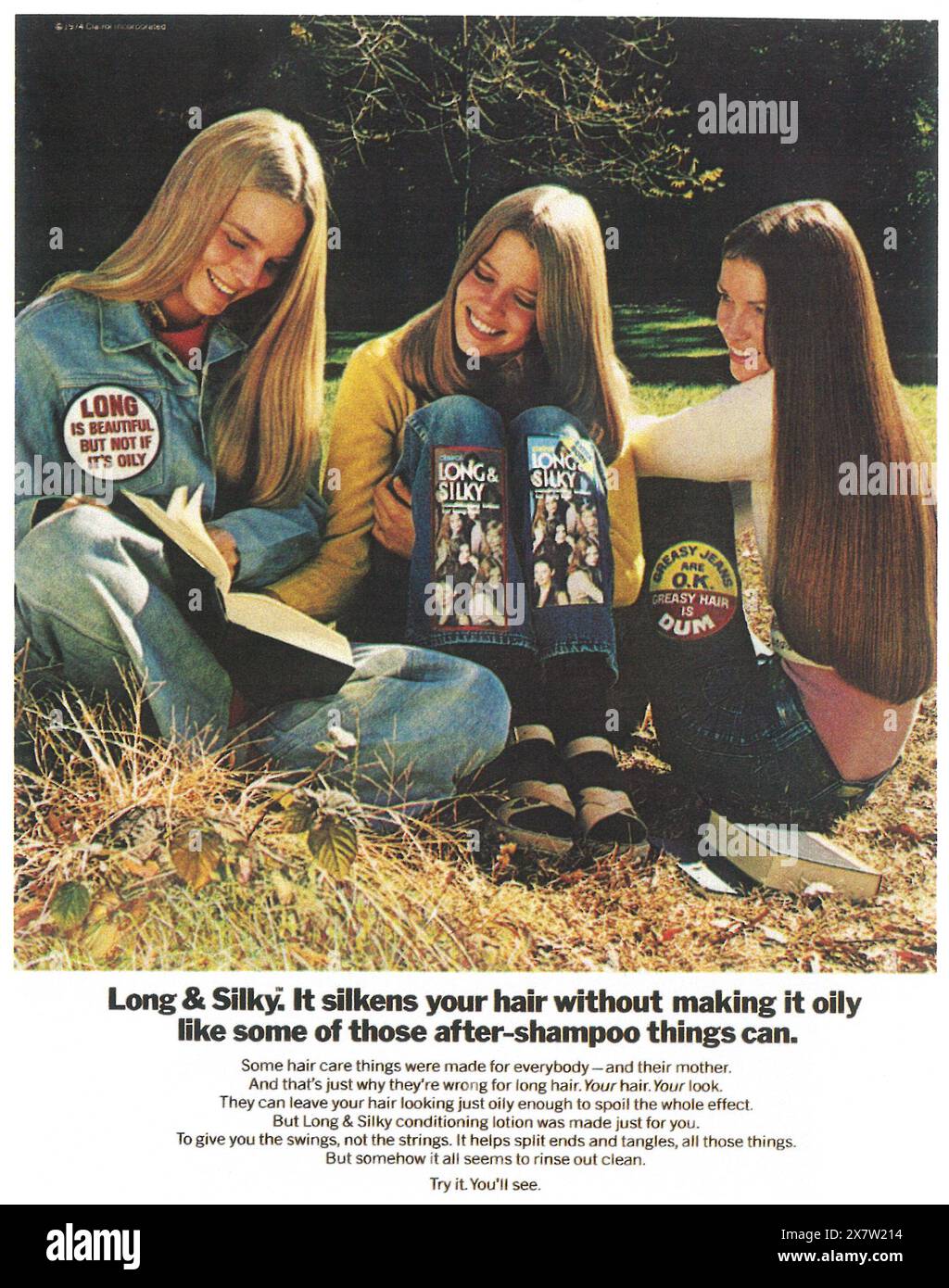 1974 annuncio balsamo per capelli lunghi e setosi Foto Stock