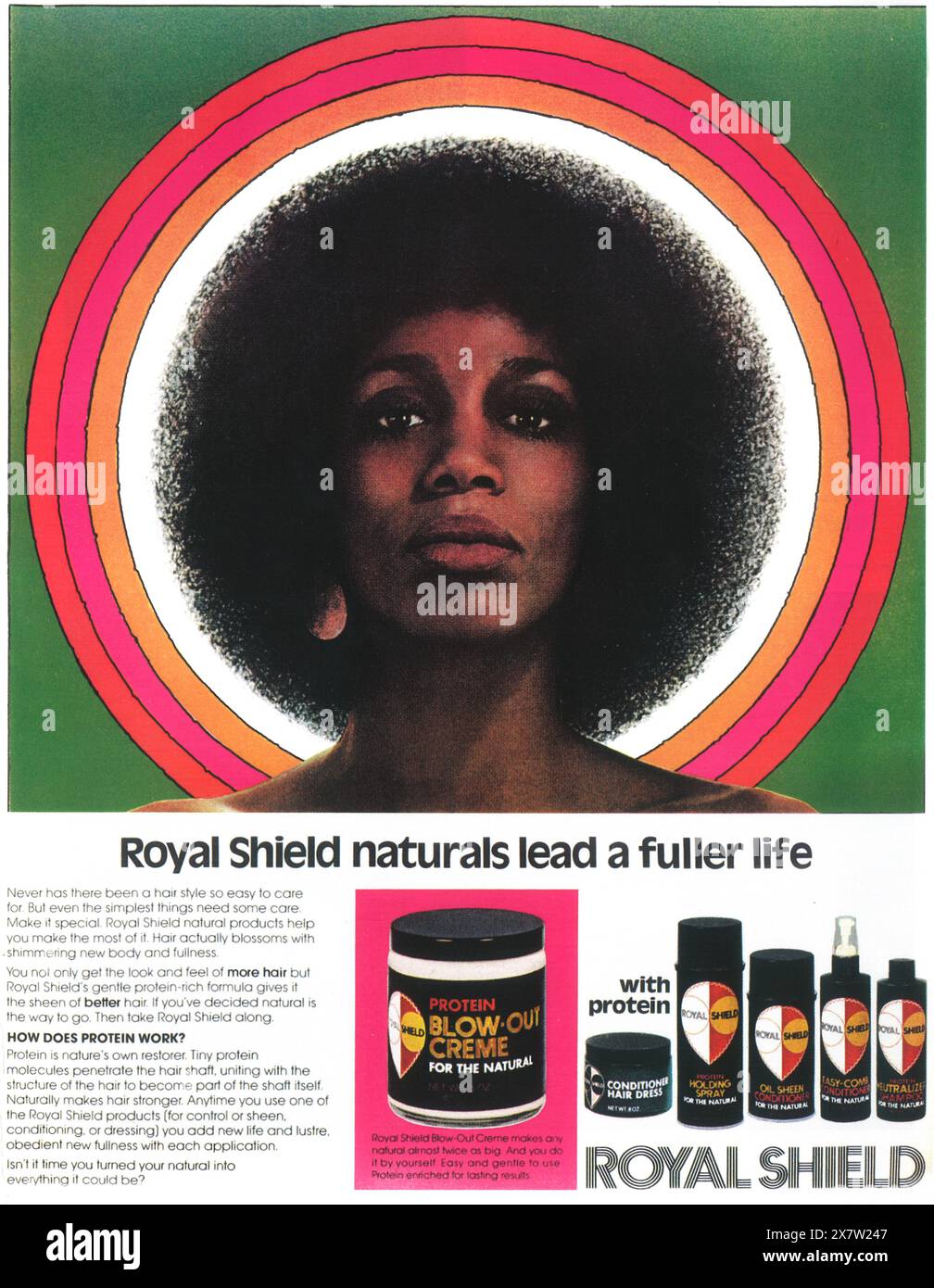 1972 annuncio prodotti per la cura dei capelli Royal Shield - crema di soffiaggio proteico Foto Stock