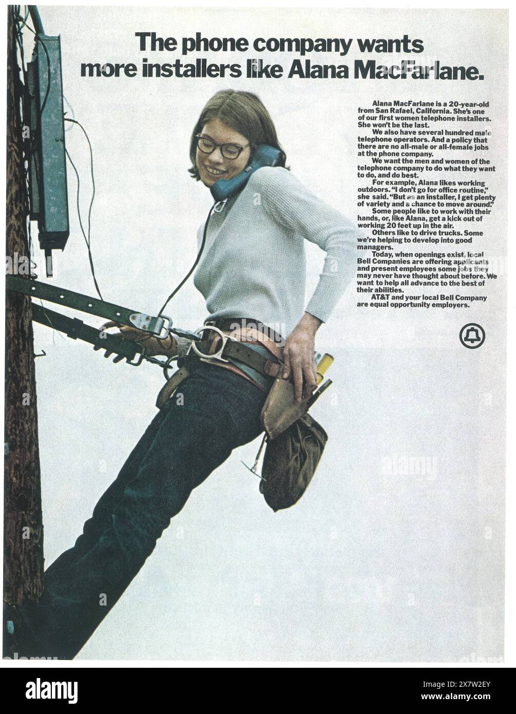 1972 annuncio sui servizi telefonici AT&T - "la compagnia telefonica vuole più installatori come Alana MacFarlane" Foto Stock