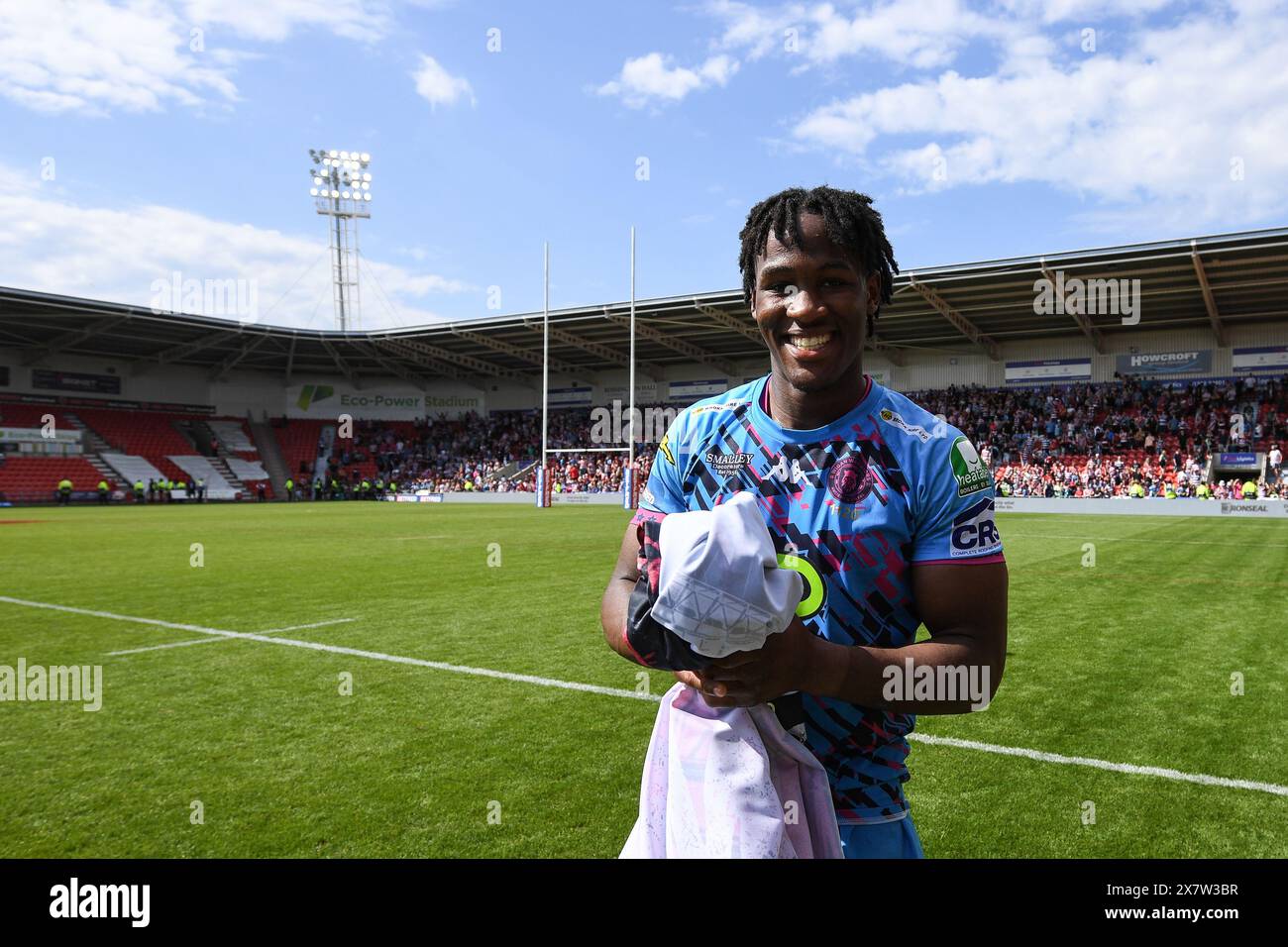 Doncaster, Inghilterra - 18 maggio 2024 - Junior Nsemba dei Wigan Warriors. Rugby League Betfred Men's Challenge Cup semifinale, Hull Kingston Rovers vs Wigan Warriors all'Eco Power Stadium, Doncaster, UK Dean Williams Foto Stock