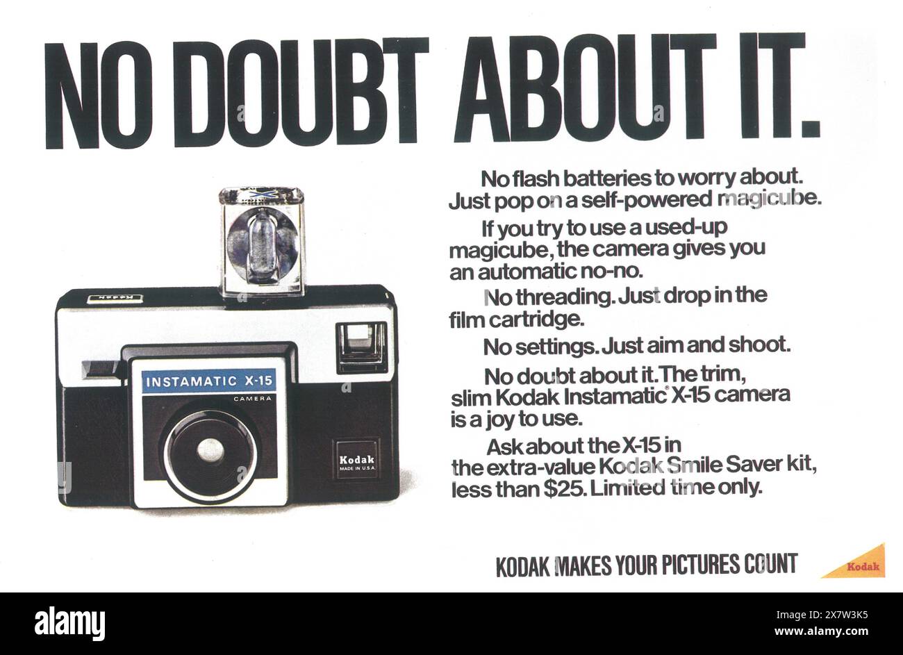 1971 annuncio Kodak Instamatic X-15 camera - "No Doubt About IT". Foto Stock