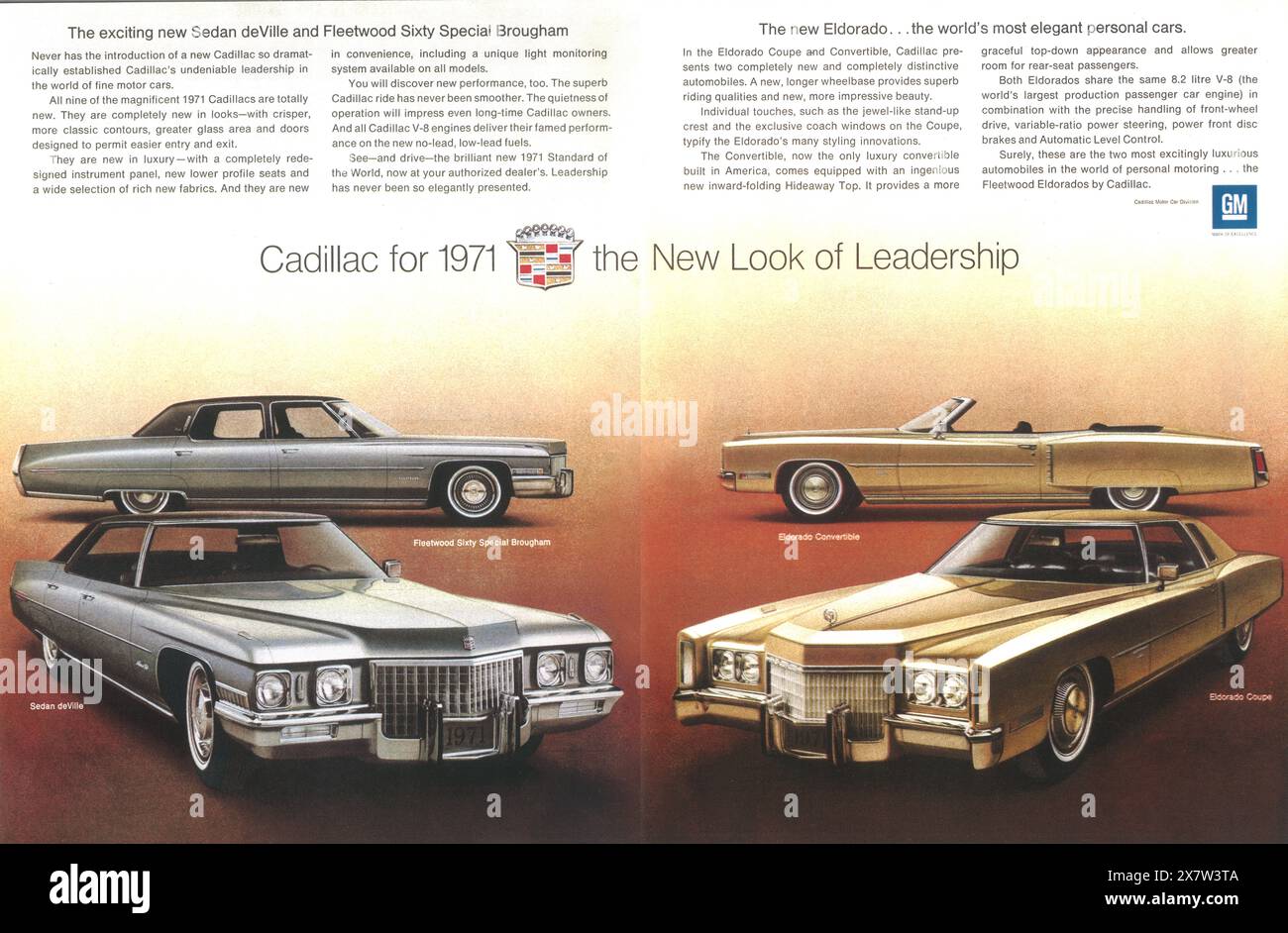 1971 Cadillac Eldorado Coupé e Cabrio, Cadillac Fleetwood Sixty Special Brougham e Sedan de Ville ad - "il nuovo look della leadership" Foto Stock