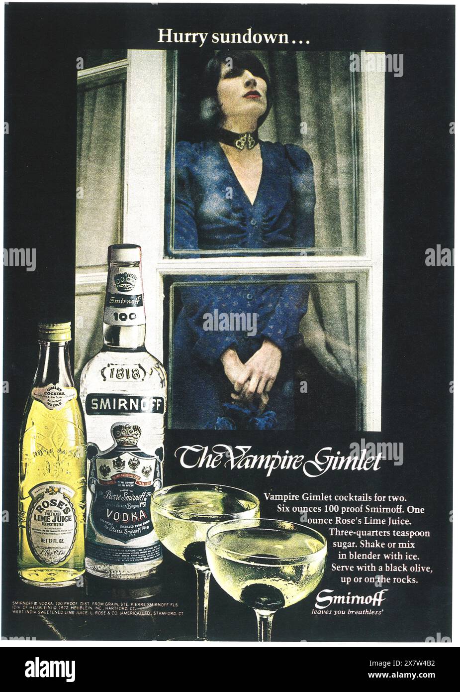 1972 Smirnoff Vodka ad - Rose's Lime Juice - Vampire Gimlet Foto Stock