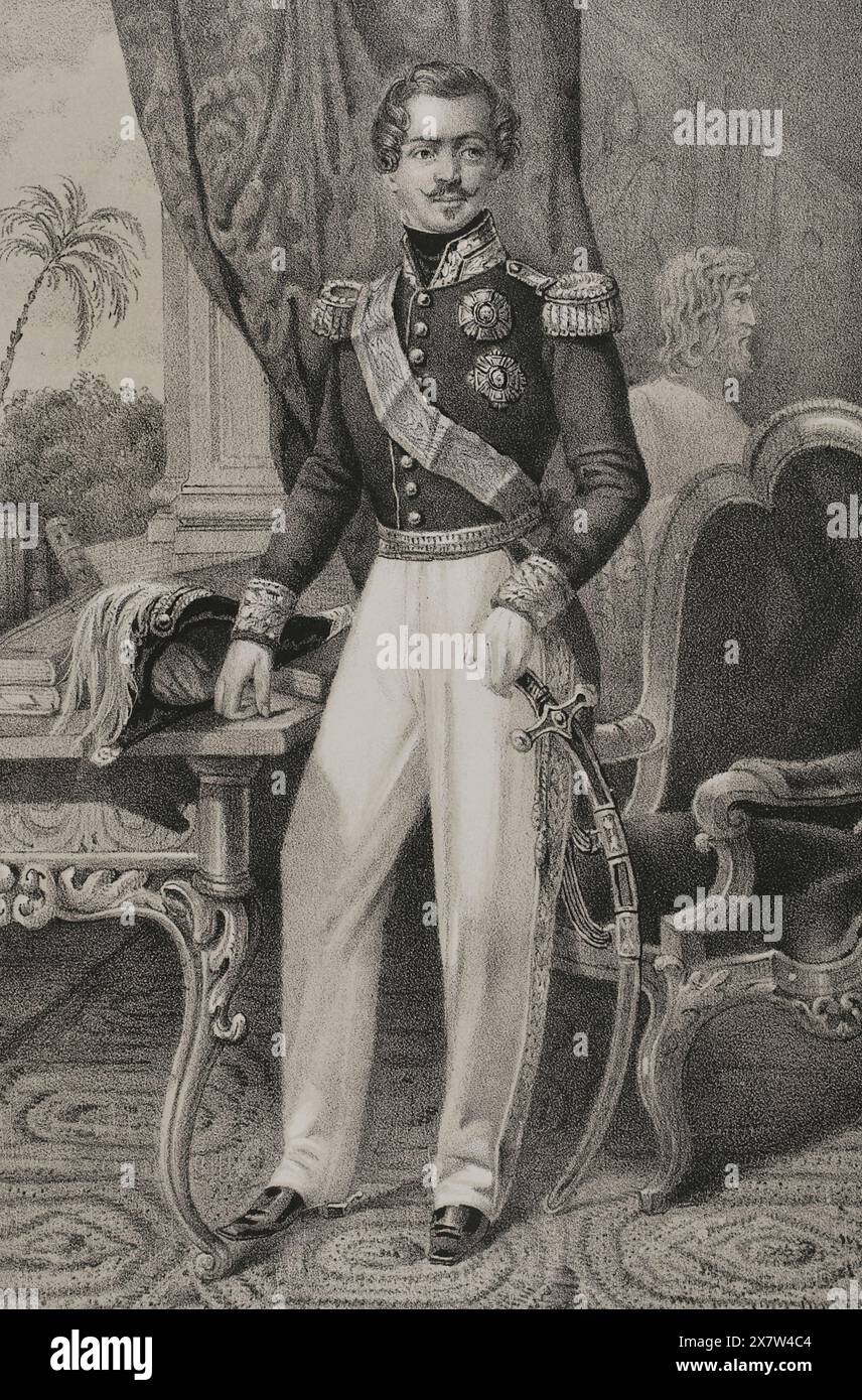 Otto di Grecia (1815-1867). Re di Grecia (1832-1862). Era un principe bavarese del Casato di Wittelsbach. Verticale. Disegno di C. Legrand. Litografia di J. Donón. "Reyes Contemporáneos" (Re contemporanei). Volume III. Pubblicato a Madrid, 1854. Foto Stock