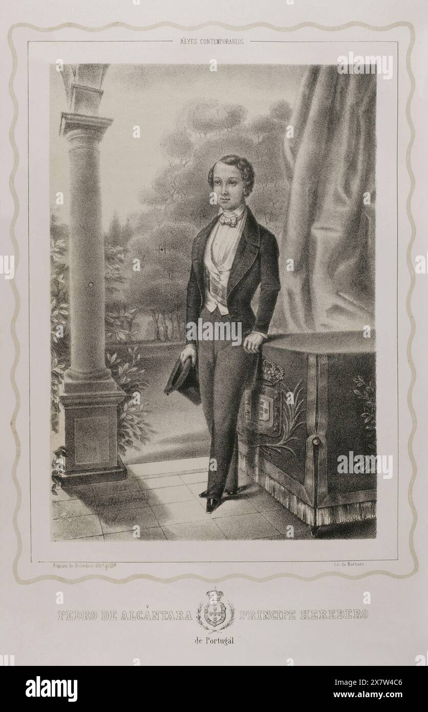 Pietro V del Portogallo (1837-1861), cosiddetto il fiducioso. Re del Portogallo (1853-1861). Ritratto come principe ereditario del Portogallo nel 1852. Disegno di Augusto Belvedere. Litografia di J.J. Martinez. "Reyes Contemporáneos" (Re contemporanei). Volume III. Pubblicato a Madrid, 1854. Foto Stock