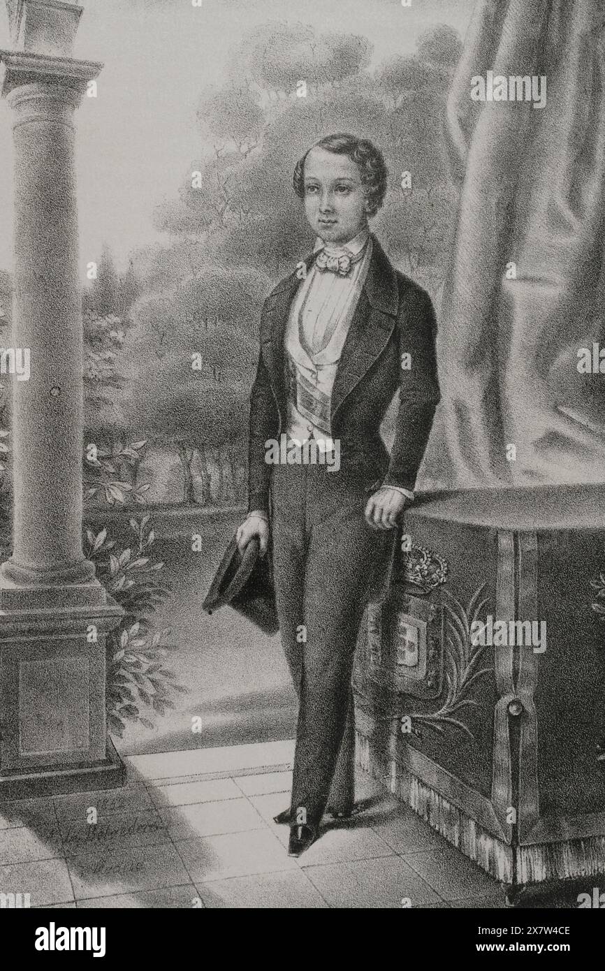 Pietro V del Portogallo (1837-1861), cosiddetto il fiducioso. Re del Portogallo (1853-1861). Ritratto come principe ereditario del Portogallo nel 1852. Disegno di Augusto Belvedere. Litografia di J.J. Martinez. "Reyes Contemporáneos" (Re contemporanei). Volume III. Pubblicato a Madrid, 1854. Foto Stock